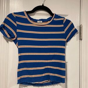 Garage Blue Red Striped Crew Neck Short Sleeve Stretchy Ribbed Crop Top Size S